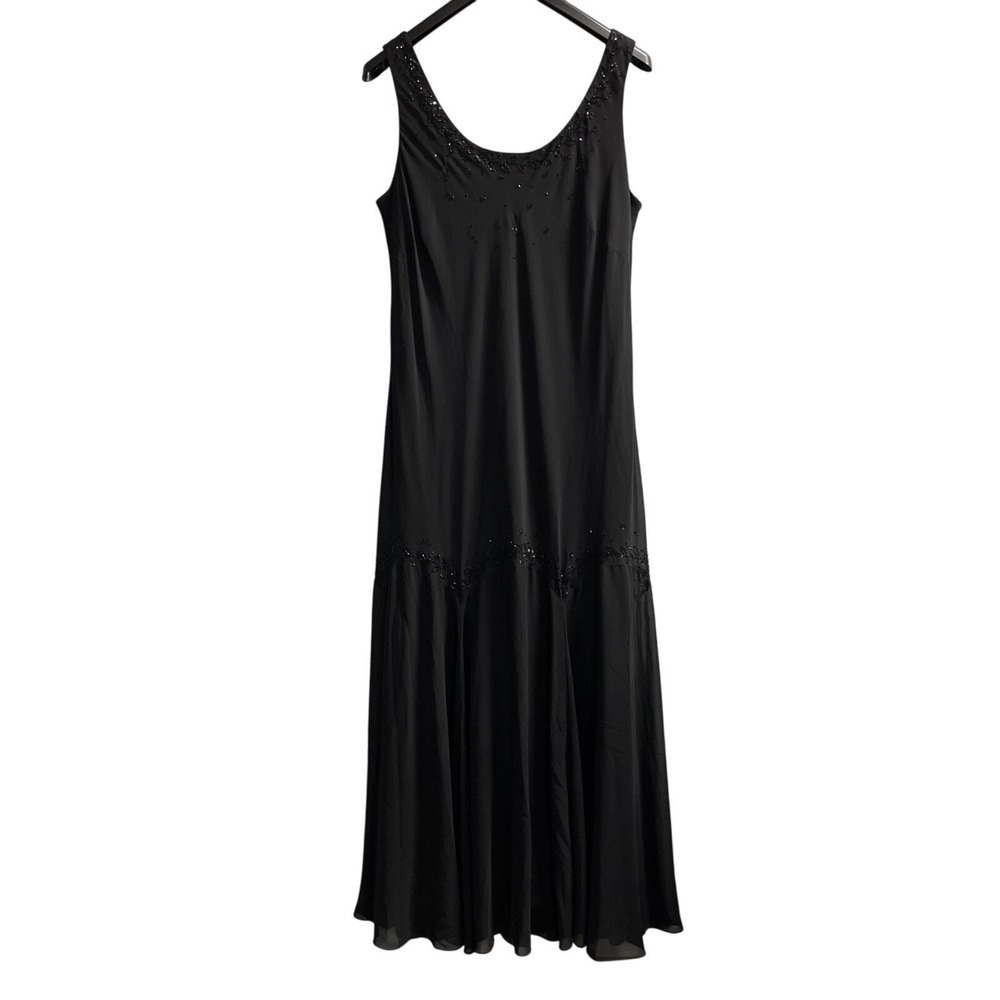 Xscape Dress Womens 16 Black Chiffon Maxi Gown Asymmetrical Tiered Beaded‎ Event